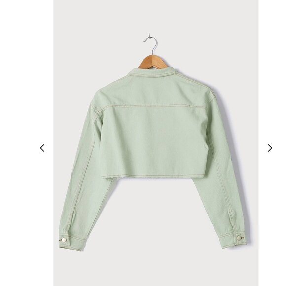 Lulu's | Palling Around Sage Green Cropped Denim Jacket L - Picture 6 of 7